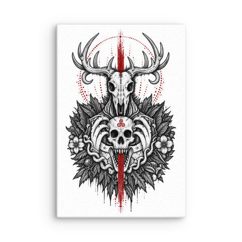 Gothic Forest Totem 12 by 18 inch thin canvas showing complete black deer and human skull artwork with red accents – product view 1