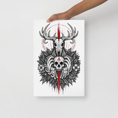 Gothic Forest Totem 12 by 18 inch thin canvas showing complete black deer and human skull artwork with red accents – product view 2