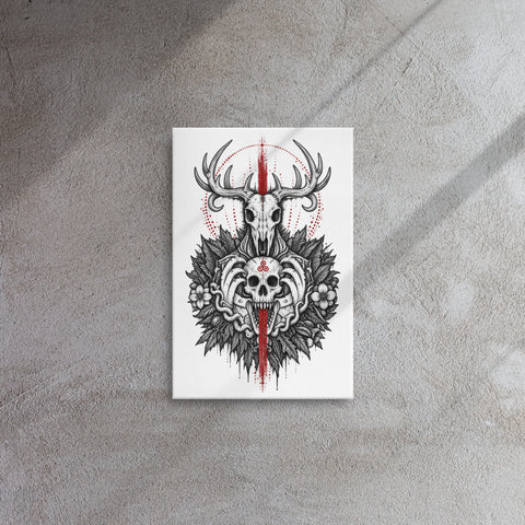 Gothic Forest Totem 12 by 18 inch thin canvas showing complete black deer and human skull artwork with red accents – product view 3