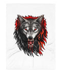 Front of the 30 × 40 in Fire Wolf throw blanket with one grey, black and red wolf illustration centred on white fabric.