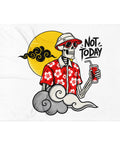 White 30 × 40 inch throw blanket with original tropical skeleton Not Today artwork centred on the front – mockup 1 – ZIPZAPPA