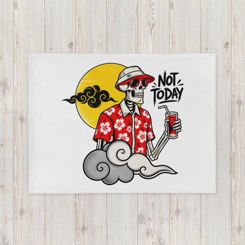 White 30 × 40 inch throw blanket with original tropical skeleton Not Today artwork centred on the front – mockup 2 – ZIPZAPPA