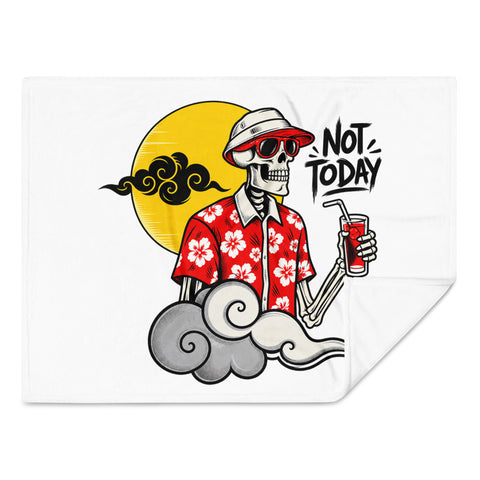 White 30 × 40 inch throw blanket with original tropical skeleton Not Today artwork centred on the front – mockup 3 – ZIPZAPPA