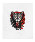 Front of the 50 × 60 in Fire Wolf throw blanket with one grey, black and red wolf illustration centred on white fabric.