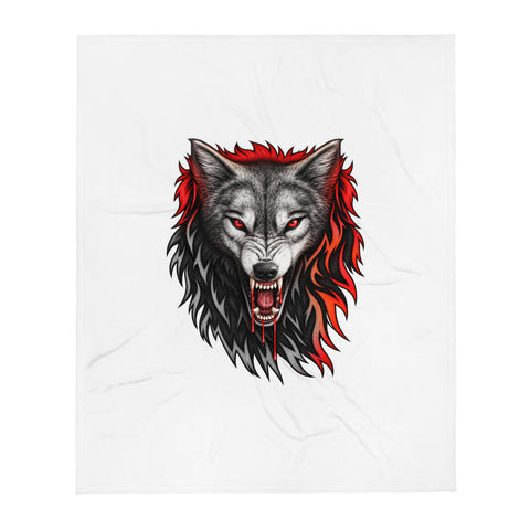 Front of the 50 × 60 in Fire Wolf throw blanket with one grey, black and red wolf illustration centred on white fabric.