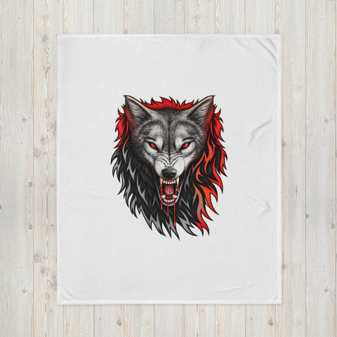 50 × 60 in Fire Wolf throw blanket laid on a pale wooden surface, showing the full centred wolf illustration.