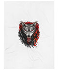 Front of the 60 × 80 in Fire Wolf throw blanket with one grey, black and red wolf illustration centred on white fabric.
