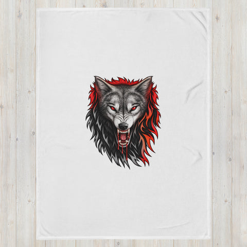 60 × 80 in Fire Wolf throw blanket laid on a pale wooden surface, showing the full centred wolf illustration.