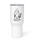 White 25 oz Grumpy Cat travel mug with a clear press-in lid and one black-and-white cat print on the front.