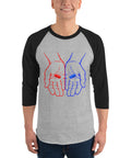 Model wearing the Red or Blue Choice raglan shirt in Heather Grey/Black, with red and blue hands holding matching capsules on the front.