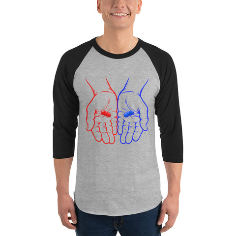 Model wearing the Red or Blue Choice raglan shirt in Heather Grey/Black, with red and blue hands holding matching capsules on the front.