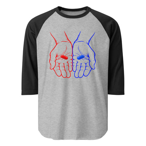 Front view of the Red or Blue Choice raglan shirt in Heather Grey/Black, with red and blue hands holding matching capsules on the front.