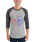 Model wearing the Red or Blue Choice raglan shirt in Heather Grey/Heather Charcoal, with red and blue hands holding matching capsules on the front.