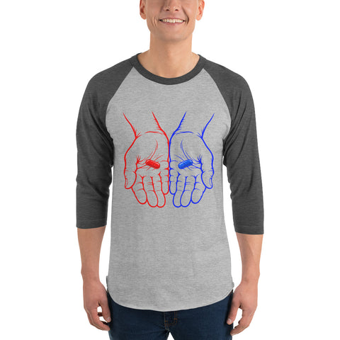 Model wearing the Red or Blue Choice raglan shirt in Heather Grey/Heather Charcoal, with red and blue hands holding matching capsules on the front.