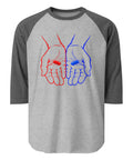 Front view of the Red or Blue Choice raglan shirt in Heather Grey/Heather Charcoal, with red and blue hands holding matching capsules on the front.