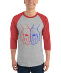 Model wearing the Red or Blue Choice raglan shirt in Heather Grey/Heather Red, with red and blue hands holding matching capsules on the front.