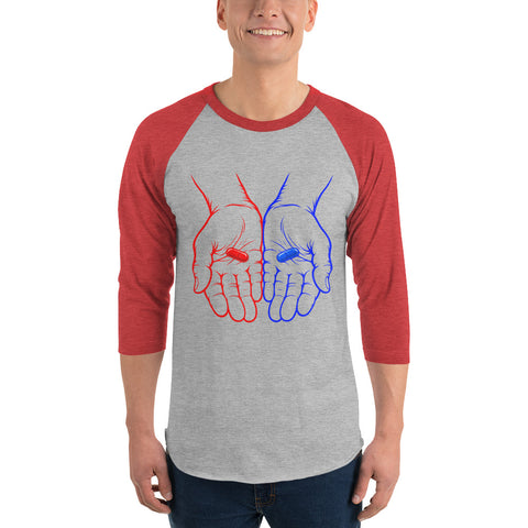 Model wearing the Red or Blue Choice raglan shirt in Heather Grey/Heather Red, with red and blue hands holding matching capsules on the front.
