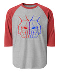 Front view of the Red or Blue Choice raglan shirt in Heather Grey/Heather Red, with red and blue hands holding matching capsules on the front.