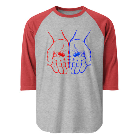 Front view of the Red or Blue Choice raglan shirt in Heather Grey/Heather Red, with red and blue hands holding matching capsules on the front.