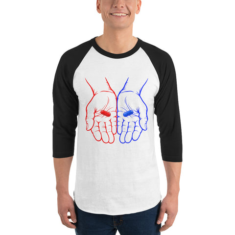 Model wearing the Red or Blue Choice raglan shirt in White/Black, with red and blue hands holding matching capsules on the front.