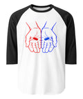 Front view of the Red or Blue Choice raglan shirt in White/Black, with red and blue hands holding matching capsules on the front.