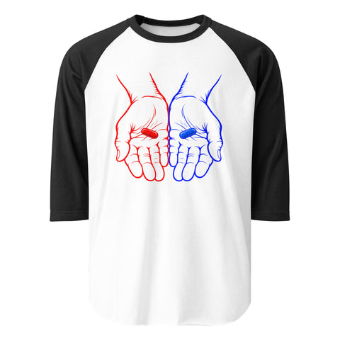 Front view of the Red or Blue Choice raglan shirt in White/Black, with red and blue hands holding matching capsules on the front.