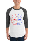 Model wearing the Red or Blue Choice raglan shirt in White/Heather Charcoal, with red and blue hands holding matching capsules on the front.