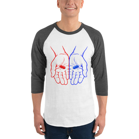 Model wearing the Red or Blue Choice raglan shirt in White/Heather Charcoal, with red and blue hands holding matching capsules on the front.