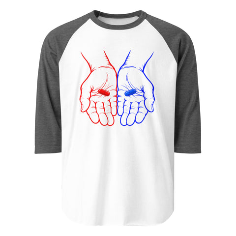 Front view of the Red or Blue Choice raglan shirt in White/Heather Charcoal, with red and blue hands holding matching capsules on the front.
