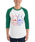 Model wearing the Red or Blue Choice raglan shirt in White/Kelly, with red and blue hands holding matching capsules on the front.
