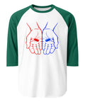 Front view of the Red or Blue Choice raglan shirt in White/Kelly, with red and blue hands holding matching capsules on the front.