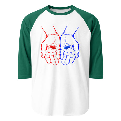 Front view of the Red or Blue Choice raglan shirt in White/Kelly, with red and blue hands holding matching capsules on the front.