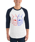 Model wearing the Red or Blue Choice raglan shirt in White/Navy, with red and blue hands holding matching capsules on the front.