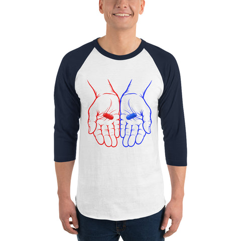 Model wearing the Red or Blue Choice raglan shirt in White/Navy, with red and blue hands holding matching capsules on the front.
