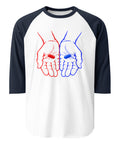Front view of the Red or Blue Choice raglan shirt in White/Navy, with red and blue hands holding matching capsules on the front.