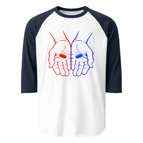 Front view of the Red or Blue Choice raglan shirt in White/Navy, with red and blue hands holding matching capsules on the front.