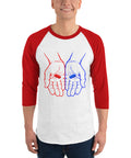 Model wearing the Red or Blue Choice raglan shirt in White/Red, with red and blue hands holding matching capsules on the front.