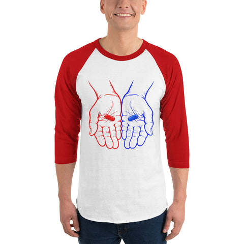 Model wearing the Red or Blue Choice raglan shirt in White/Red, with red and blue hands holding matching capsules on the front.