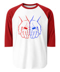 Front view of the Red or Blue Choice raglan shirt in White/Red, with red and blue hands holding matching capsules on the front.