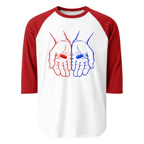 Front view of the Red or Blue Choice raglan shirt in White/Red, with red and blue hands holding matching capsules on the front.