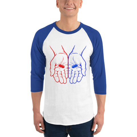 Model wearing the Red or Blue Choice raglan shirt in White/Royal, with red and blue hands holding matching capsules on the front.
