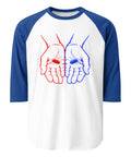 Front view of the Red or Blue Choice raglan shirt in White/Royal, with red and blue hands holding matching capsules on the front.