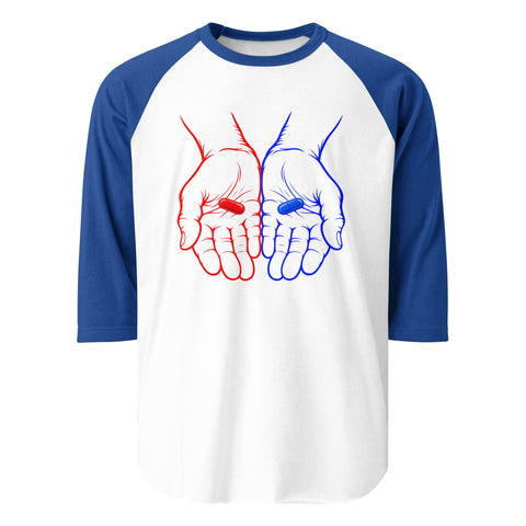 Front view of the Red or Blue Choice raglan shirt in White/Royal, with red and blue hands holding matching capsules on the front.