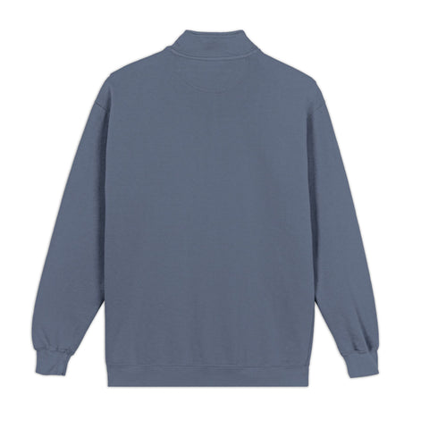 Pear Guitar garment-dyed quarter-zip sweatshirt in Blue Jean – plain back – view 4