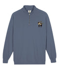 Pear Guitar garment-dyed quarter-zip sweatshirt in Blue Jean – front with original musical illustration on left chest – view 2