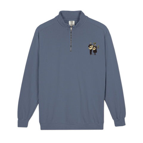 Pear Guitar garment-dyed quarter-zip sweatshirt in Blue Jean – front with original musical illustration on left chest – view 2