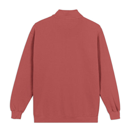 Pear Guitar garment-dyed quarter-zip sweatshirt in Crimson – plain back – view 3