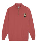 Pear Guitar garment-dyed quarter-zip sweatshirt in Crimson – front with original musical illustration on left chest – view 1