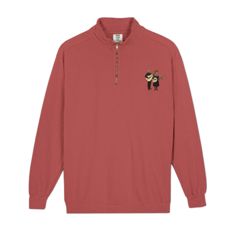 Pear Guitar garment-dyed quarter-zip sweatshirt in Crimson – front with original musical illustration on left chest – view 1
