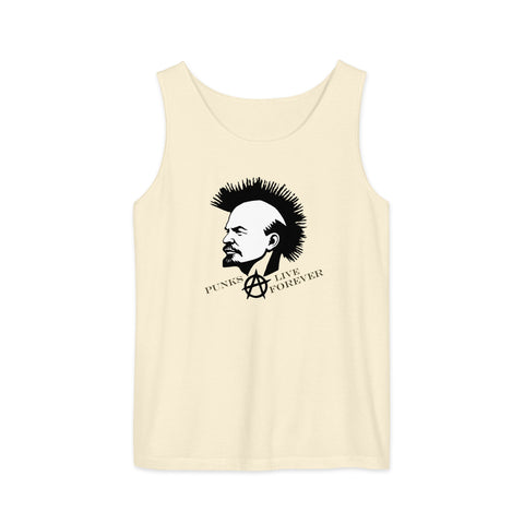 Punks Live Forever garment-dyed tank in Ivory, front with mohawk portrait and punk lettering – view 9